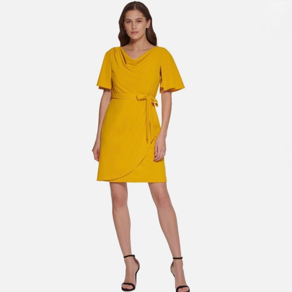 DKNY Golden Yellow Cowl Neck Belted Dress Size 10